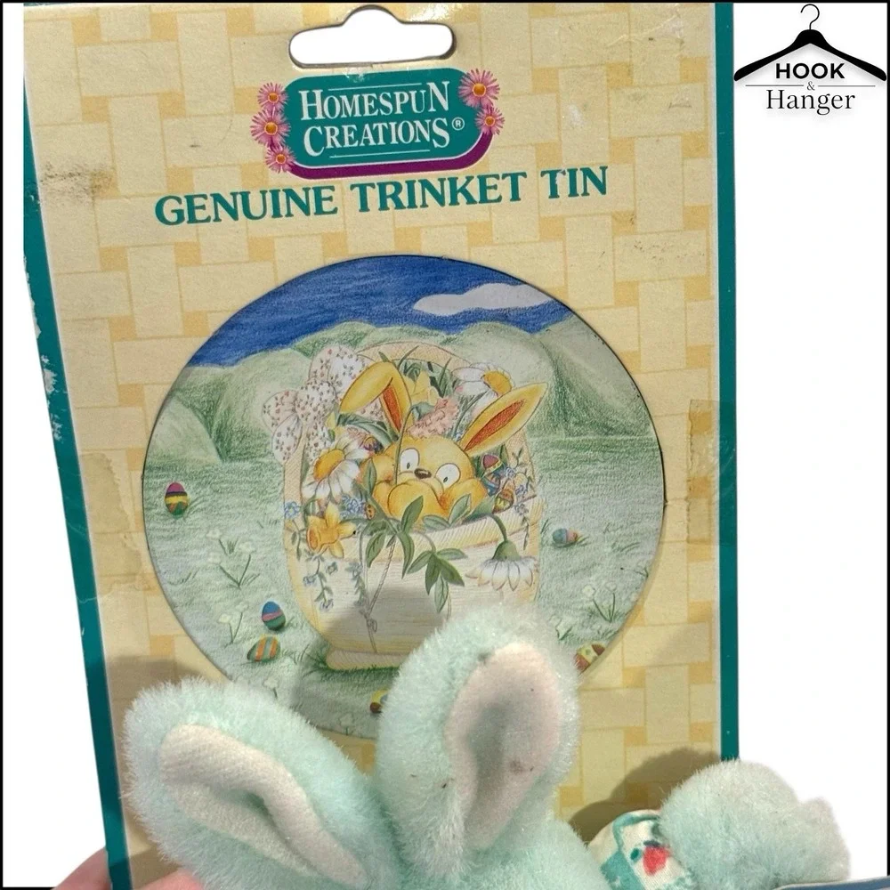 Vintage‎ Homespun Creations Easter Trinket Tin Bucket Lid Mint Green Bunny 90s